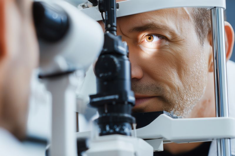 A middle-aged man undergoing a detailed eye examination with a slit lamp microscope, focusing on cornea and iris as a clinician inspects ocular health in a bright clinical setting.