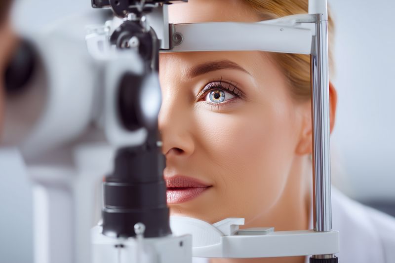 Close-up of a woman undergoing a professional eye examination using advanced ophthalmic equipment in a modern clinic, focusing on the iris, pupil and detailed vision assessment.