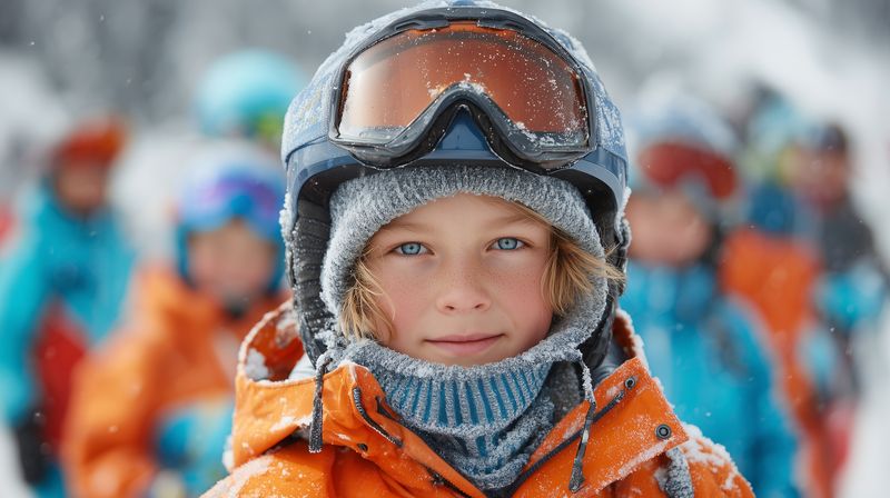 Close-up of a child in winter ski gear wearing goggles and a helmet, snowflakes on clothing, looking at the camera while standing outdoors with a blurred group of children behind.