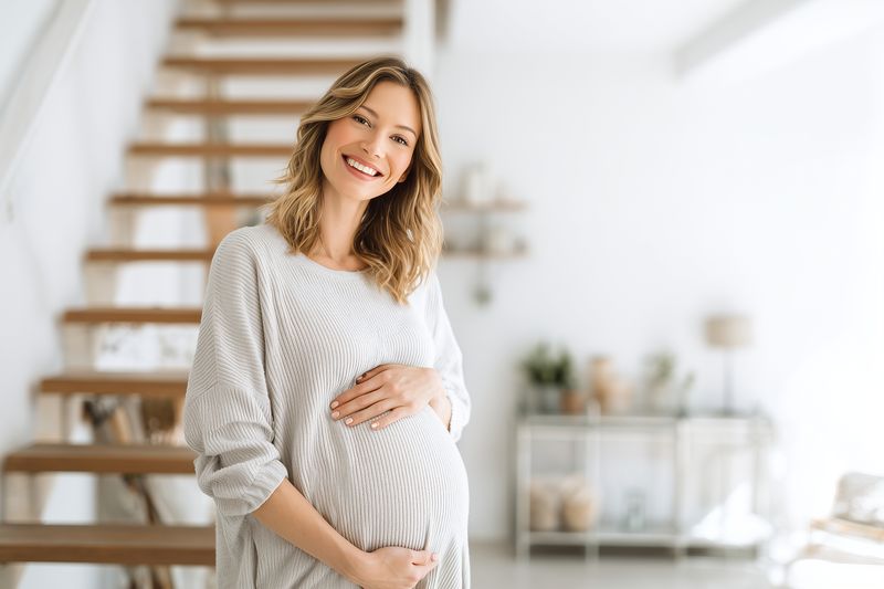 Smiling pregnant woman in a cozy bright home, cradling her baby bump while standing by a modern wooden staircase. Soft natural light highlights warmth and maternal joy.