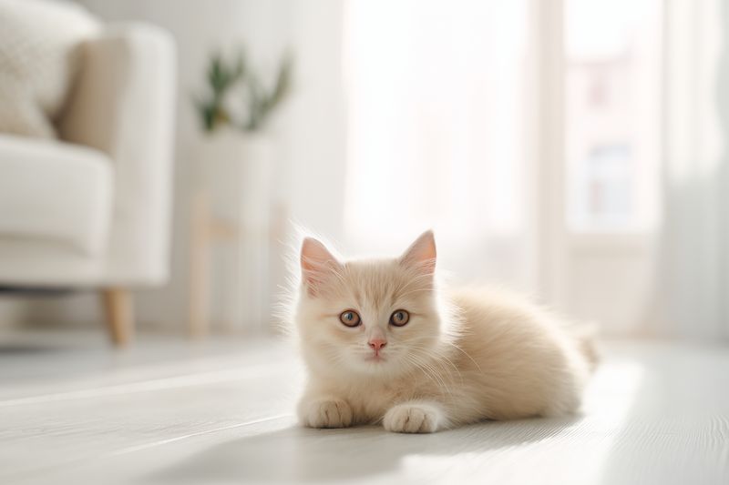 Fluffy cream kitten lies on a sunlit floor in a modern living room, gazing curiously at the camera. Soft natural light emphasizes its silky fur and tranquil, cozy interior styling.
