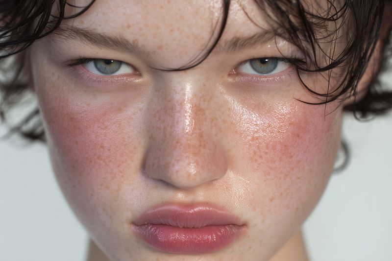 Close-up portrait of a face with dewy skin, pronounced freckles and glossy lips. Intense gaze and visible skin texture create a raw, high-detail beauty study suitable for fashion and skincare imagery.