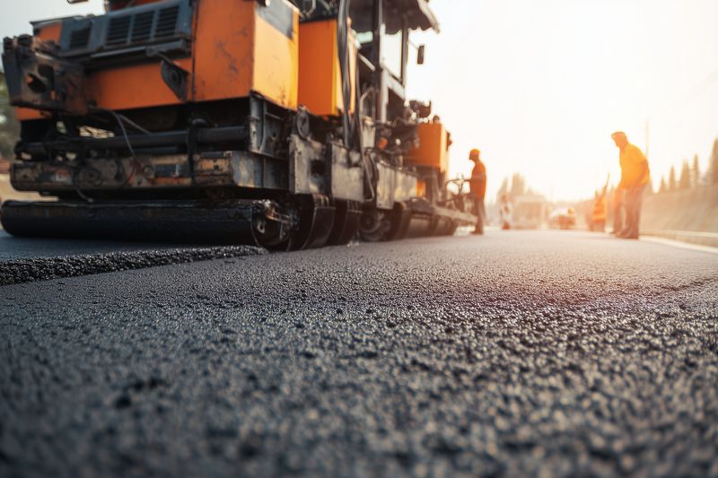 Asphalt paving machine laying fresh hot asphalt on a city street, workers in silhouette guiding the equipment as warm sunlight filters through dust, focusing on textured pavement surface.
