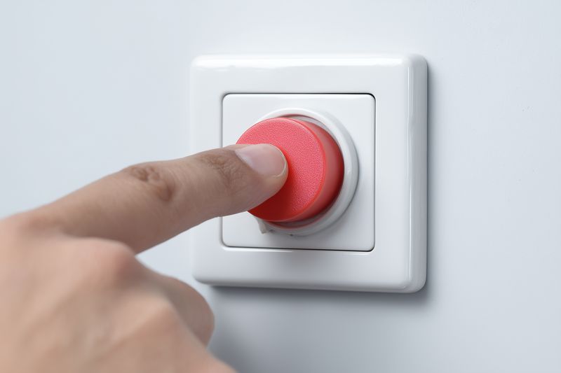 Finger pressing a red emergency stop button mounted on a white control panel, close-up of a hand activating a safety switch to halt machinery or trigger an alarm in industrial use.