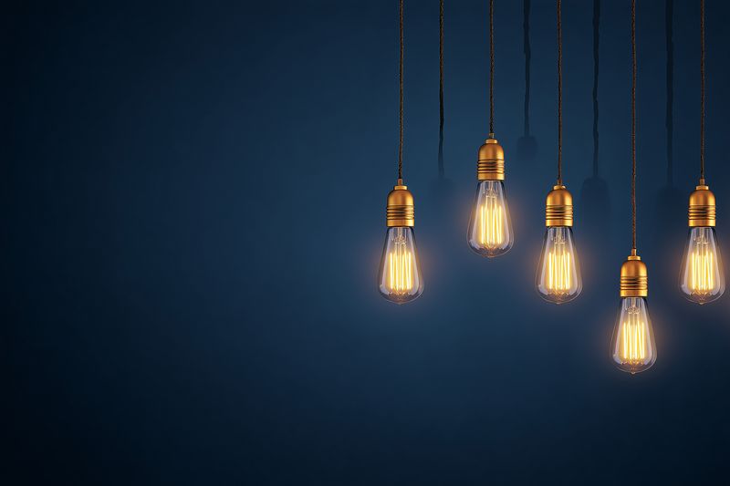 Warm glowing vintage filament light bulbs hanging against a dark blue textured background, creating cozy ambient lighting, soft shadows, and an elegant industrial decorative atmosphere.