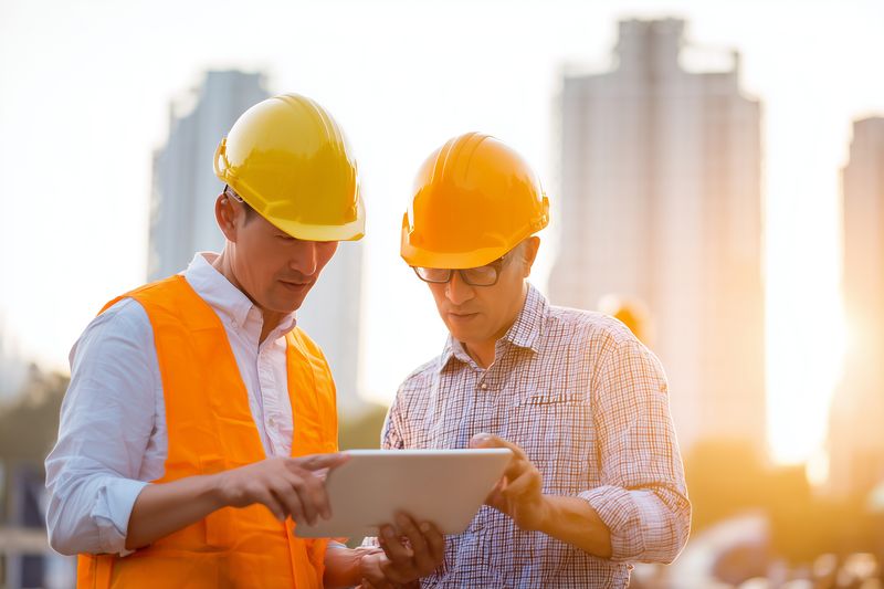 Two construction professionals wearing yellow hard hats and safety vests review plans on a tablet at an urban building site during golden hour, discussing project details.