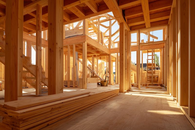 Interior view of residential wooden frame construction with exposed beams, studs and joists, showcasing warm sunlight filling open spaces during daytime renovation and new home building.