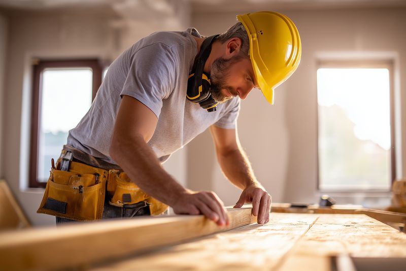 A carpenter in a yellow hard hat and tool belt carefully measures and sands a wooden plank on a worktable inside a bright workshop, concentrating on precise craftsmanship.
