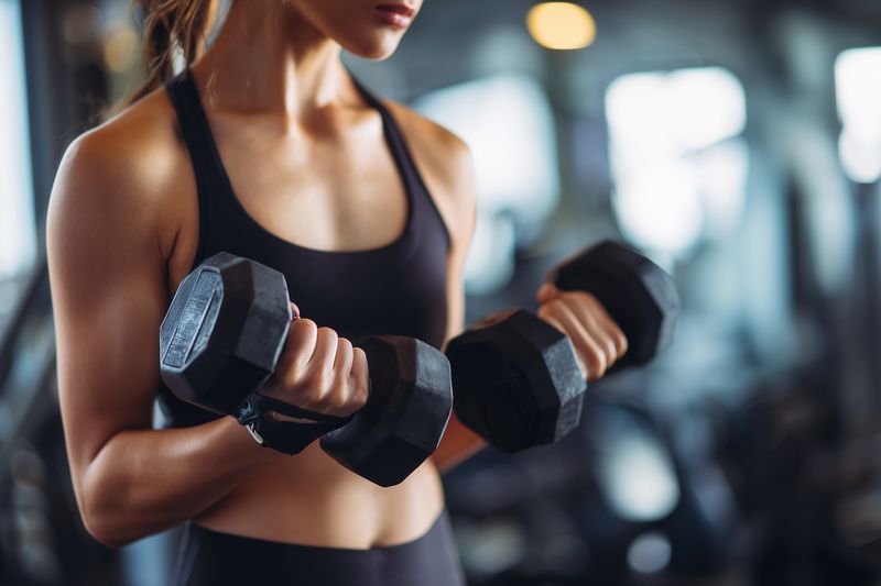 Fit young woman in a sports bra performs dumbbell biceps curls in a modern gym, showcasing toned arms, focused training and strength during an intense resistance workout session, dedicated to fitness.