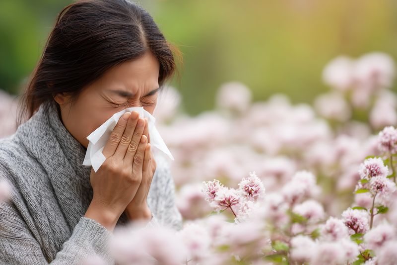 Middle-aged woman outdoors sneezing into a tissue while surrounded by blooming pink flowers, illustrating seasonal allergies and nasal irritation in a soft sunlit garden scene.