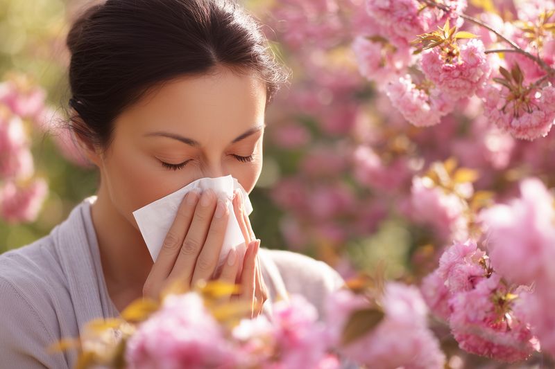 Young woman sneezing into a tissue among pink flowering trees in a sunlit spring garden, visibly suffering from seasonal pollen allergy and nasal congestion outdoors.