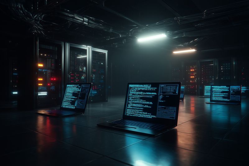 Dark server room with multiple laptops displaying code on screens, surrounded by rack servers and glowing status lights, creating a moody high-tech atmosphere and sense of intrusion.