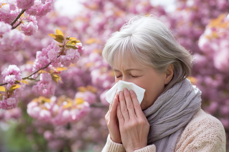 Mature woman sneezing into a tissue among pink spring blossoms in a garden, illustrating seasonal pollen allergy and respiratory discomfort during outdoor floral bloom and hayfever symptoms.