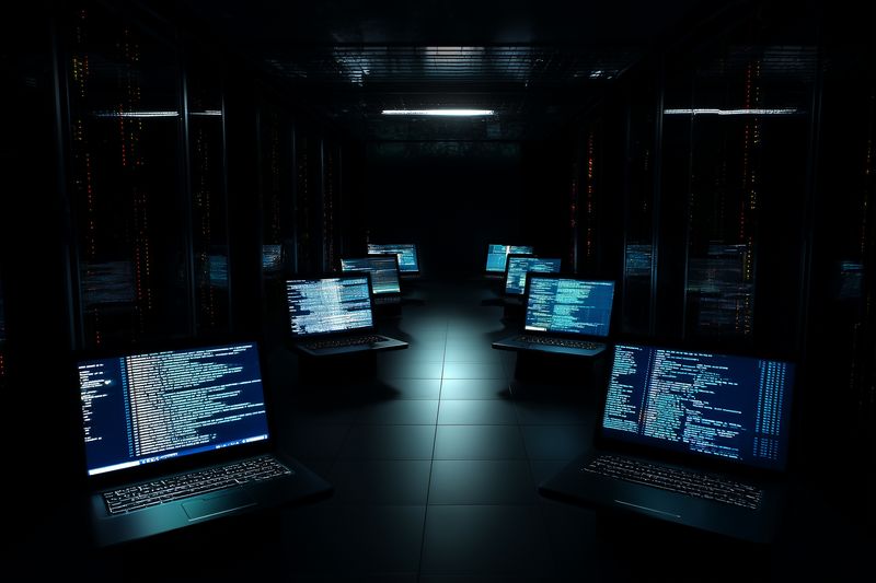 Dark server room with multiple laptops displaying scrolling code, glowing blue screens aligned in rows reflecting on a glossy floor, evoking futuristic data center and cybersecurity themes.