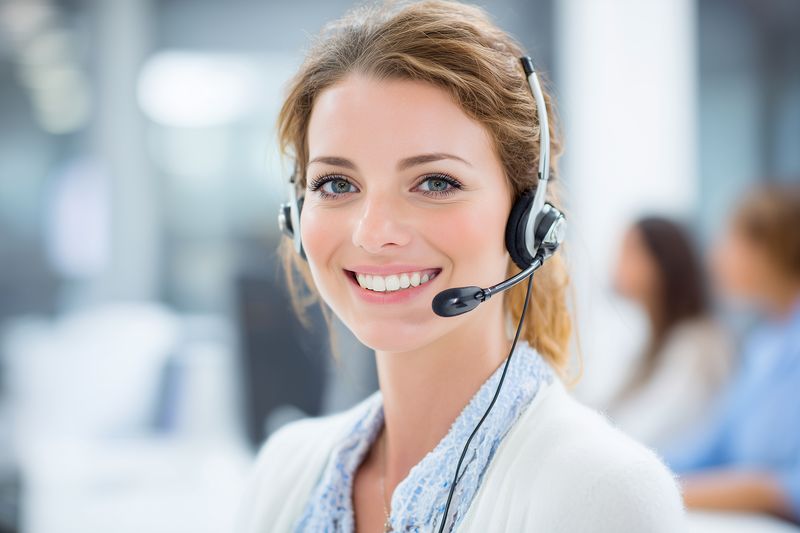 Smiling female customer service representative wearing a headset in a bright modern office, looking at camera with a friendly expression while colleagues work blurred behind.