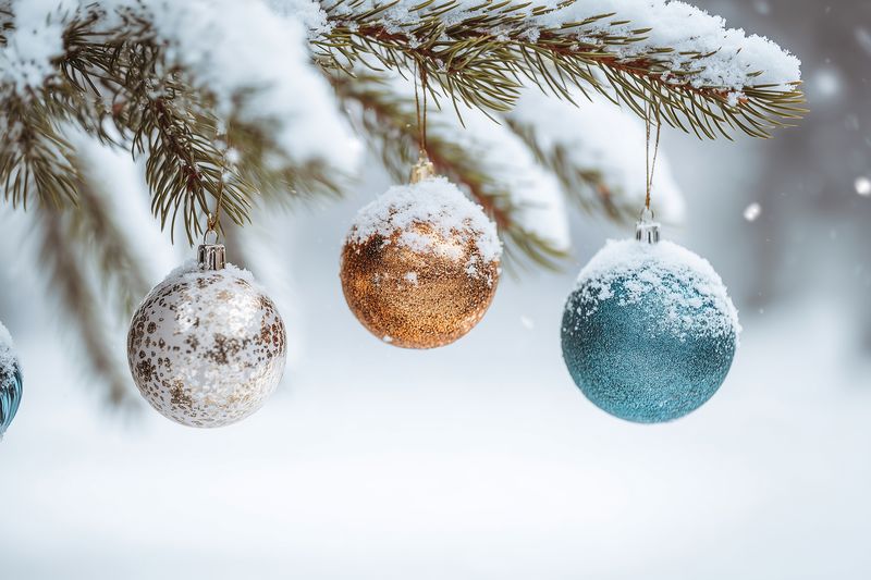 Close-up of colorful glittery baubles dusted with fresh snow hanging from a pine branch, creating a serene winter holiday scene with soft bokeh and delicate frosty texture.