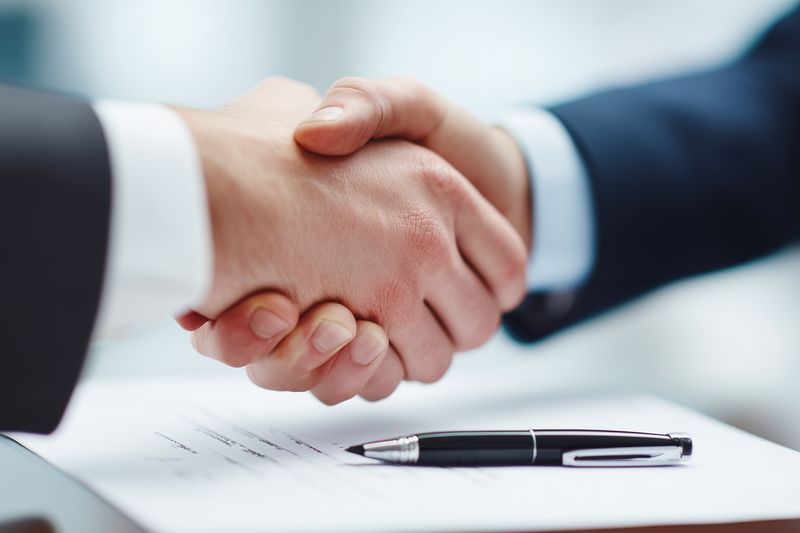 Close-up of two business professionals shaking hands over a signed contract, symbolizing agreement, trust and partnership, with a pen and paperwork on a clean office desk.