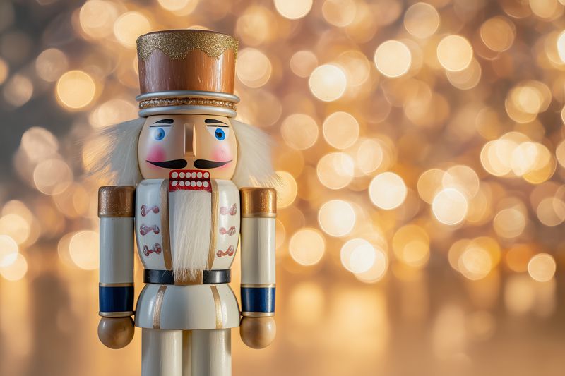 Wooden nutcracker figurine standing upright with painted features, golden glitter accents and a classic uniform, photographed with warm bokeh lights to evoke festive holiday nostalgia.