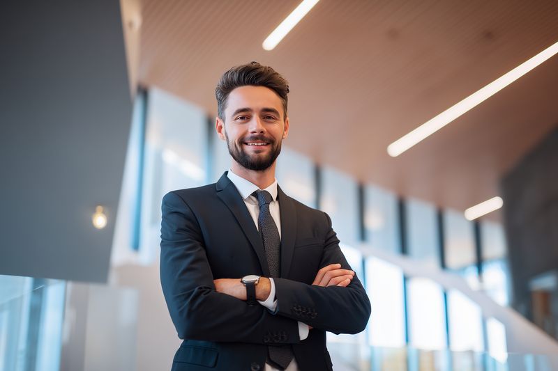 Confident young businessman in a tailored suit stands with arms crossed in a modern office lobby, smiling professionally as natural light streams through large glass windows.