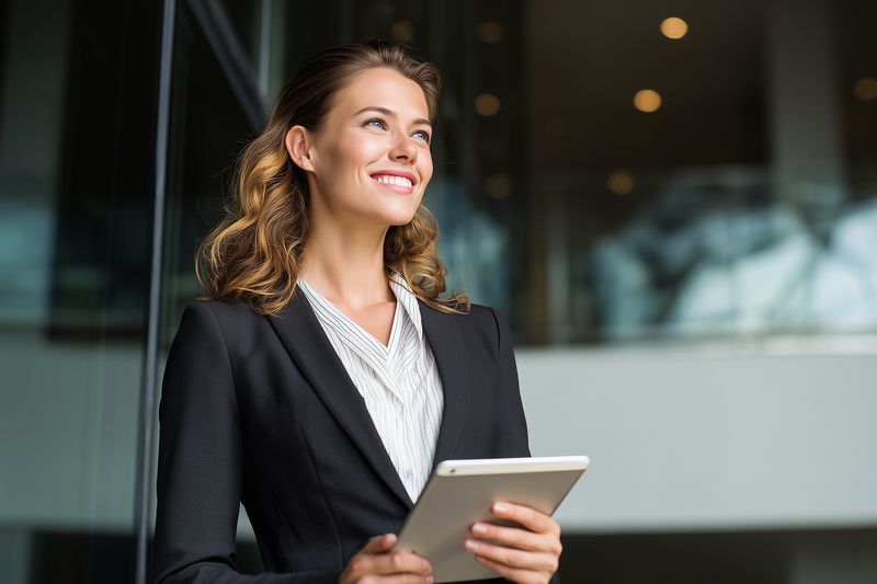 A confident female professional in a modern office setting holding a digital tablet and smiling while looking ahead. The portrait conveys leadership, optimism, ambition and contemporary corporate