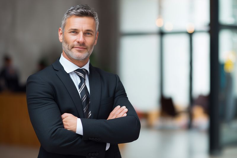 Confident mature businessman in a dark suit standing with arms crossed in a modern office lobby, looking at camera with a slight smile, professional and approachable demeanor.