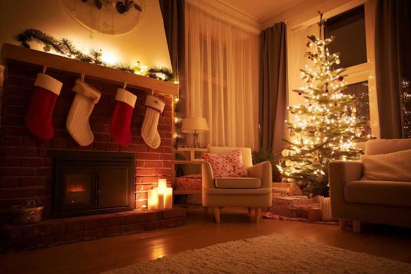 Cozy living room decorated for Christmas with a glowing tree, stockings hung on a brick fireplace, lit candles and wrapped gifts, and cozy armchairs beside a soft rug.