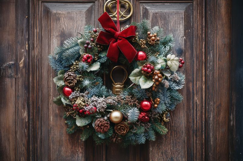 Festive Christmas wreath with red velvet bow, pinecone accents, frosted evergreen branches, berries and ornaments hanging on a rustic wooden door for seasonal holiday decor.