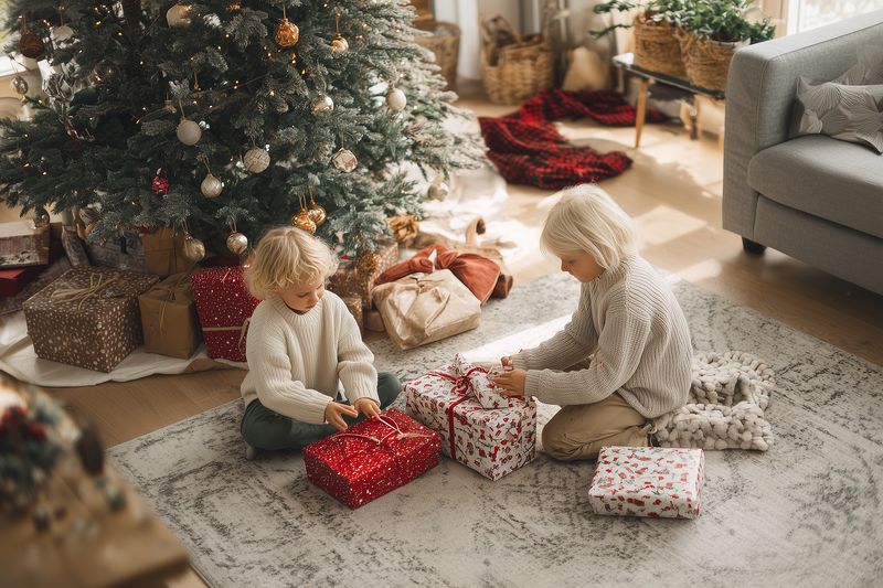 Two children unwrap Christmas presents beneath a decorated tree in a cozy living room, surrounded by wrapped gifts, warm natural light, soft textiles and festive holiday decor.