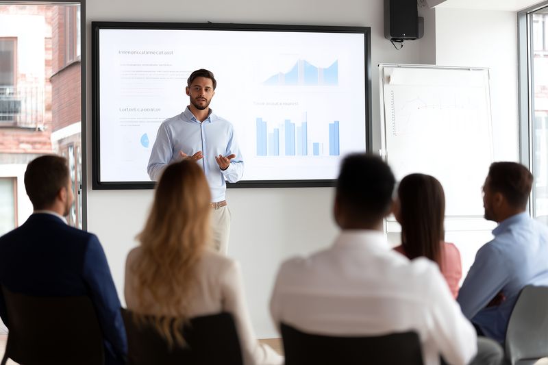Male presenter giving a business presentation to seated colleagues in a modern office, explaining charts and graphs on a large screen during a team meeting or corporate workshop.