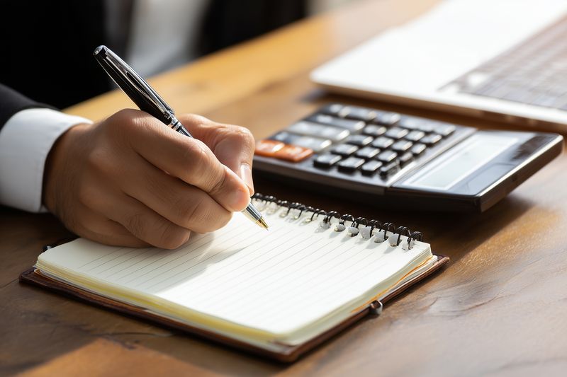 Close-up of a business person writing notes in a spiral notebook on a wooden desk with a calculator nearby, showing concentration, planning, finance and organized work in an office setting.