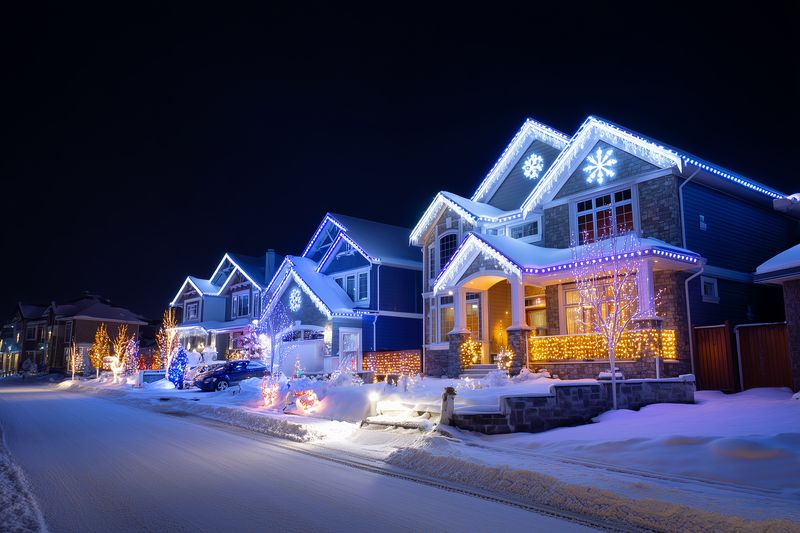 Snowy suburban houses decorated with colorful holiday lights and illuminated ornaments along a quiet residential street at night, festive winter scene with warm glowing windows.