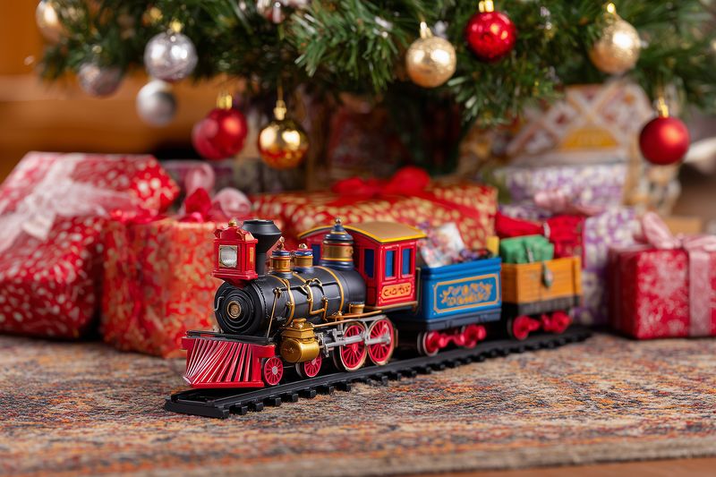 A detailed vintage toy train on a miniature track placed beneath a decorated Christmas tree surrounded by wrapped gifts, creating a warm cozy festive holiday scene.