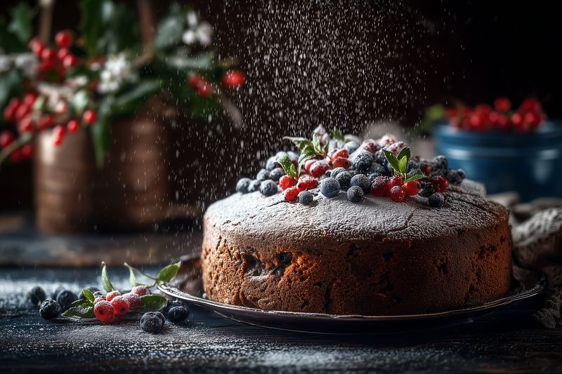 Rustic fruit cake decorated with fresh berries and powdered sugar falling like snow, set on a dark wooden table with moody lighting for a cozy holiday dessert scene.