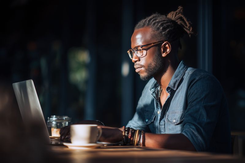 Young man wearing glasses works intently on a laptop at a sunlit cafe table, surrounded by coffee and warm ambient light, focused on remote work and digital tasks.