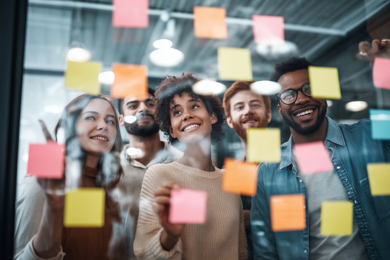 Diverse group of young professionals collaborating in a modern office, smiling and brainstorming ideas while arranging colorful sticky notes on a glass wall during a creative meeting.
