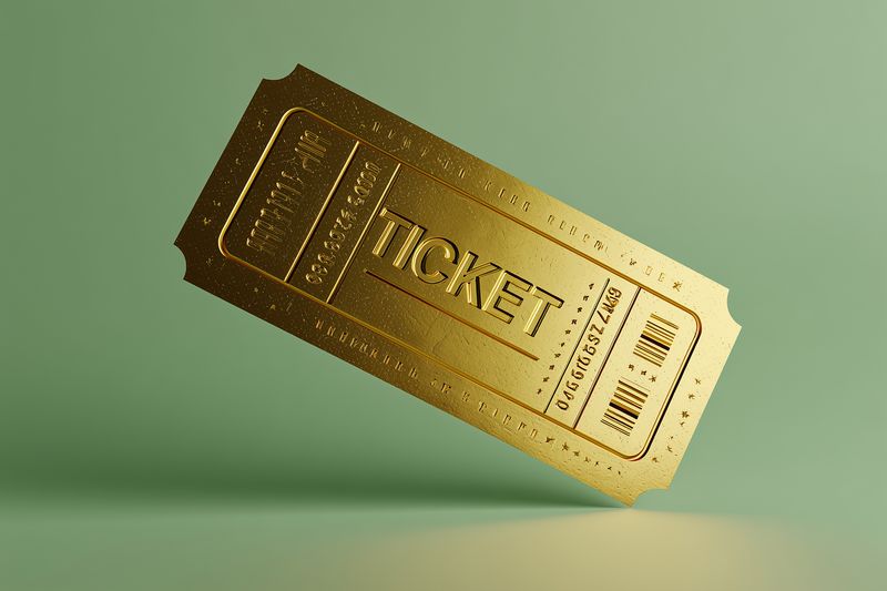 Close-up of a golden event ticket floating against a soft green studio background, showcasing metallic embossing, perforated stub and glossy texture in a minimal luxury composition.