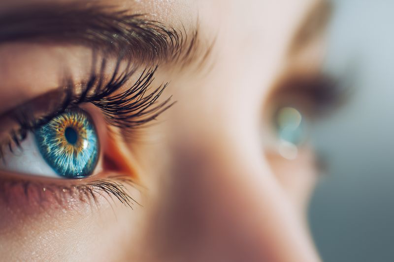 Macro close up of a blue green eye with intricate iris details and long eyelashes, soft skin texture and gentle natural light reflections creating vivid color contrast and delicate intimate mood.