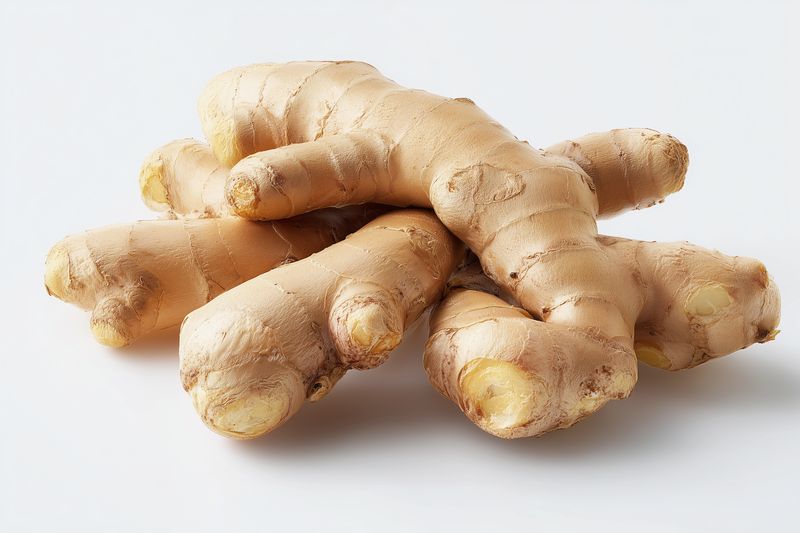 Fresh ginger root on a white background, close-up of knobby rhizomes with light brown skin and pale yellow flesh, highlighting natural texture and organic produce details.