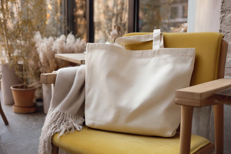 Cozy interior scene featuring a soft sherpa tote bag draped over a yellow armchair beside a textured throw, sunlight through large windows creating warm ambiance.