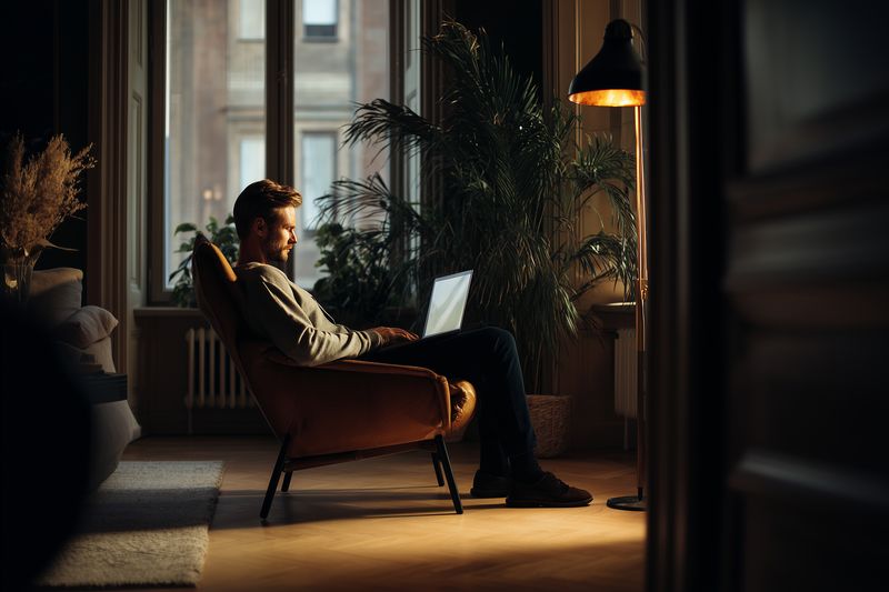 A man sitting in a cozy armchair using a laptop in a warmly lit living room at dusk, surrounded by houseplants and soft lighting creating a relaxed work atmosphere.