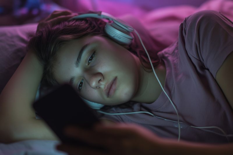 Teenager lying in bed at night wearing headphones and looking at a smartphone screen, illuminated by colorful ambient light, conveying solitude, relaxation and late night digital focus.