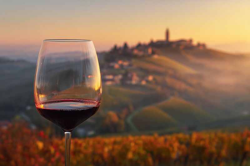 Close-up of a red wine glass in the foreground with a sunlit vineyard and hilltop village softly blurred in the background, warm golden sunset light casting a cozy autumn glow over the vines.