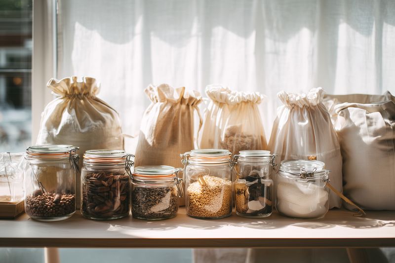 Sunlit kitchen shelf with glass jars and linen bags filled with grains, seeds, spices and dry ingredients, arranged neatly for storage and zero-waste pantry organization.