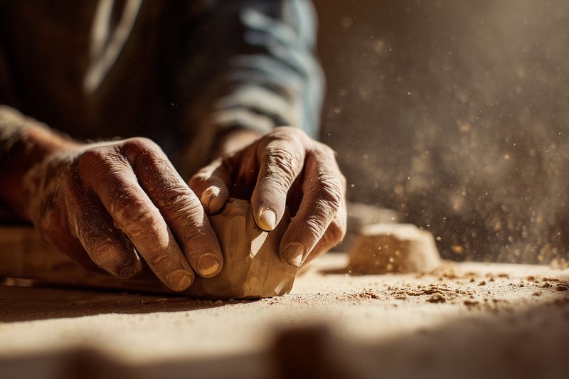 Close-up of weathered hands shaping dough on a floured surface, dust motes in warm light conveying tactile craftsmanship, a rustic baking scene focused on skill and texture.