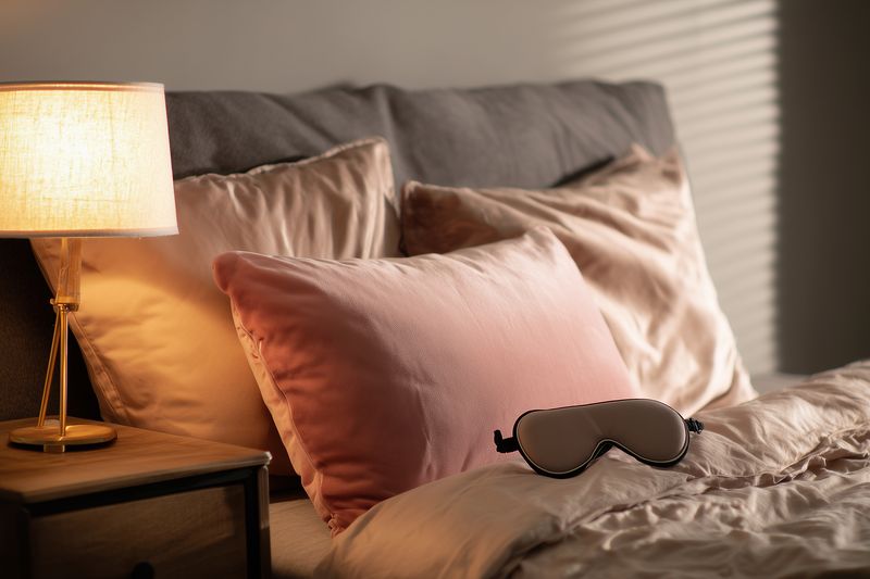 Cozy bedroom scene with soft pillows and a silky duvet on a neatly made bed, warm bedside lamp glow casting gentle shadows and a sleep mask resting on rumpled sheets.