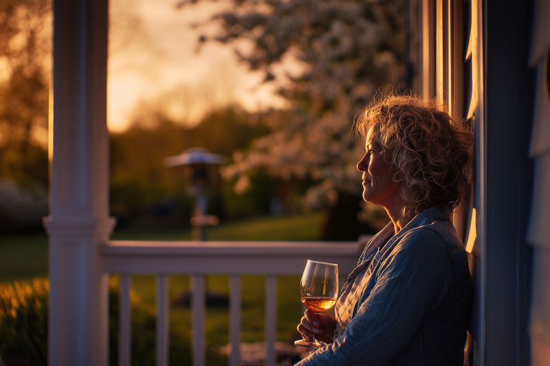 Mature woman with curly hair relaxing on a porch at golden hour, holding a glass of wine and gazing at sunset, warm light casting soft shadows and a peaceful, contemplative mood.