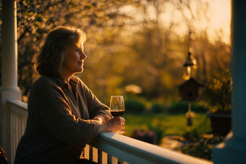 Mature woman relaxing on a porch at golden hour, holding a glass of wine and gazing into a sunlit garden, conveying calm reflection and evening solitude.