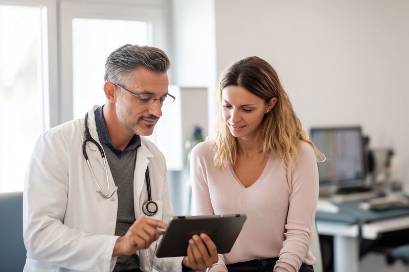 Male doctor in white coat reviewing digital medical records on a tablet with a female patient in a bright consultation room, discussing treatment options and health information.