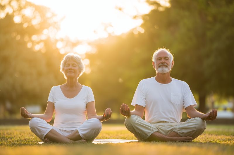 Senior couple practicing meditation outdoors at sunset, seated cross-legged on grass in a peaceful park, embracing relaxation, mindfulness, calm breathing and warm golden sunlight.