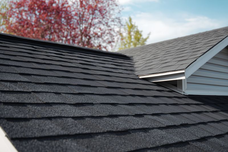Close-up view of a dark asphalt shingle roof on a residential house, showing textured layers, slope intersection and clean lines with sunlight and blurred trees in the background.